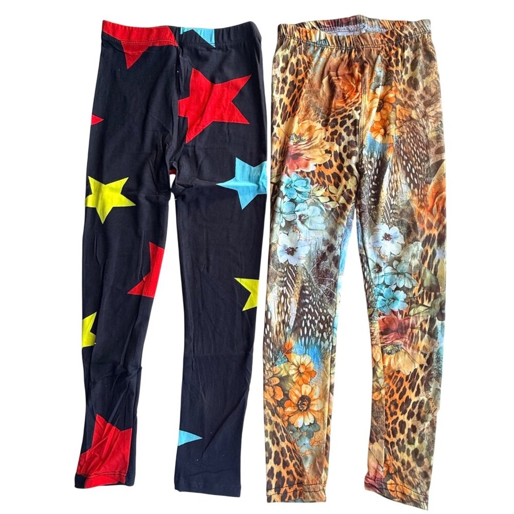 Girls Leggings S/M Star Print & Floral Animal Print Multicolor Stretchy